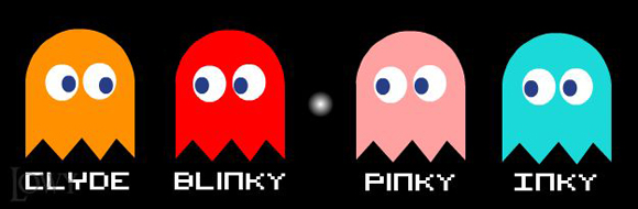 Les quatre fantômes de Pac Man avec leurs noms anglais